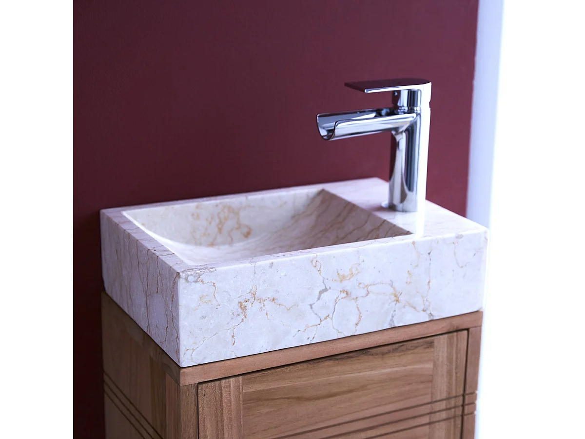Badunterschrank aus Teakholz und Waschbecken aus cremefarbenem Marmor Basic crem