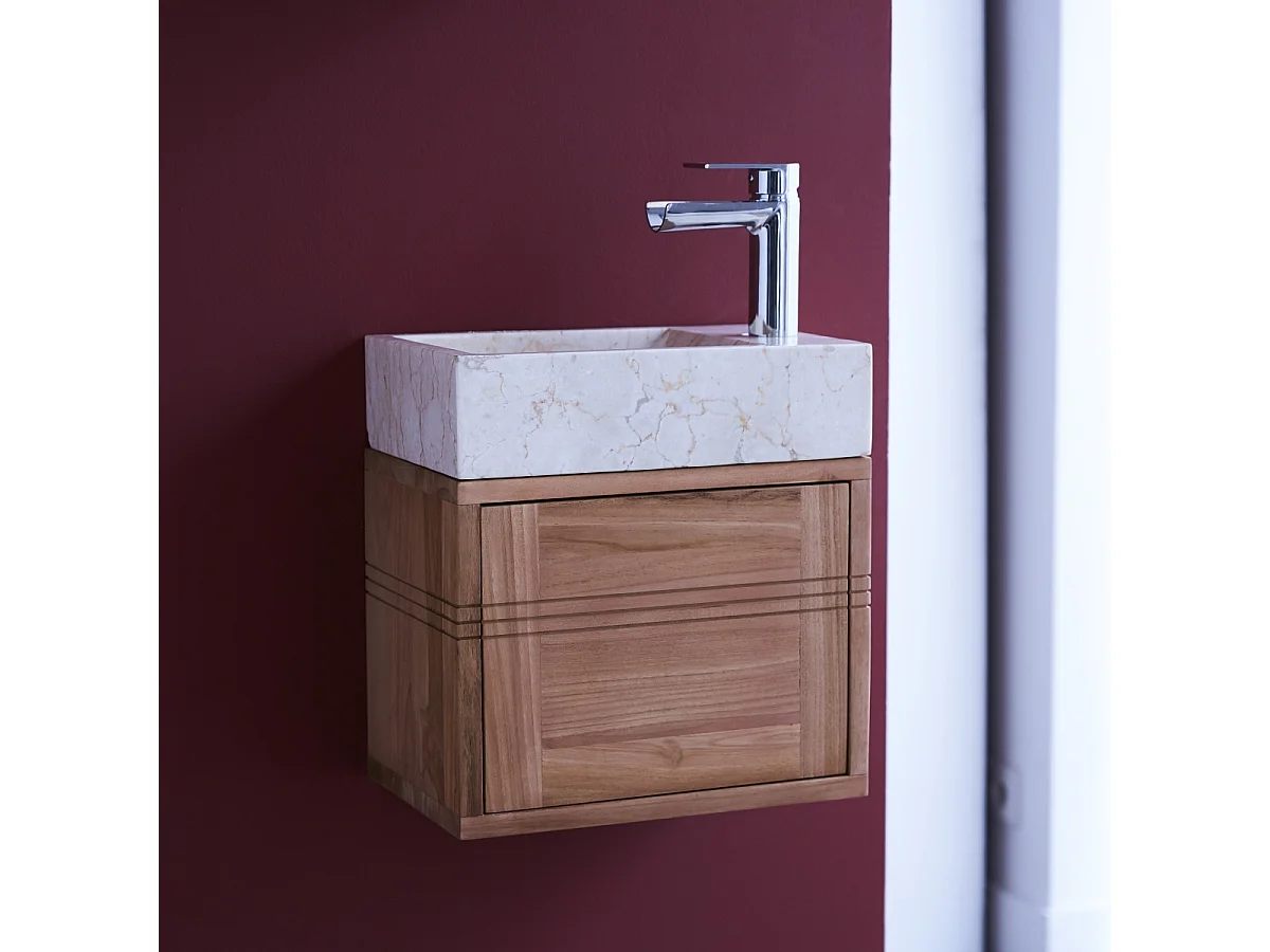 Badunterschrank aus Teakholz und Waschbecken aus cremefarbenem Marmor Basic crem