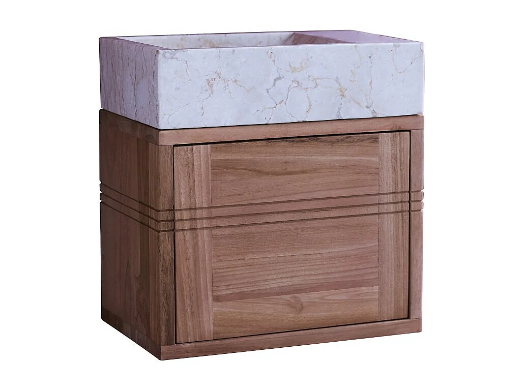 Badunterschrank aus Teakholz und Waschbecken aus cremefarbenem Marmor Basic crem