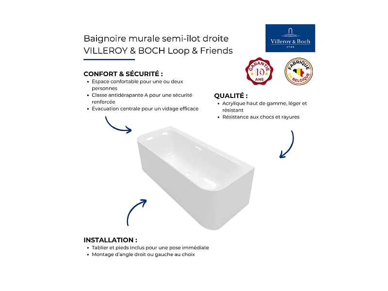 Baignoire murale semi-îlot VILLEROY & BOCH Loop & Friends
