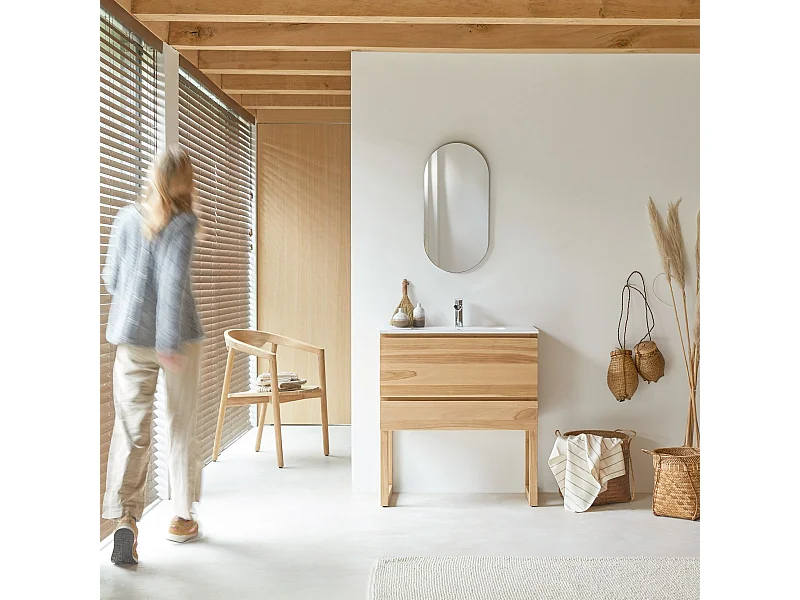 Meuble Salle de bain en bois de teck et céramique 80 Edgar