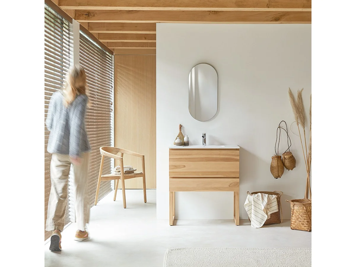 Meuble Salle de bain en bois de teck et céramique 80 Edgar