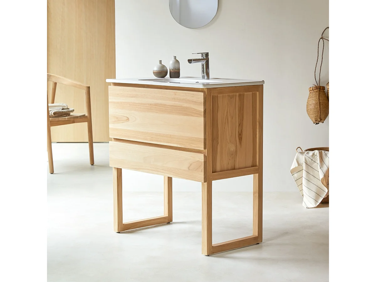 Meuble Salle de bain en bois de teck et céramique 80 Edgar