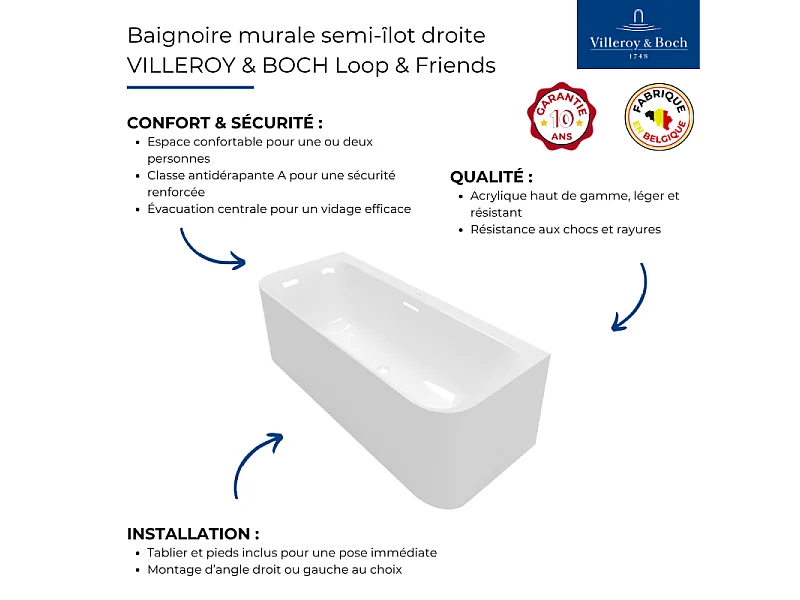 Baignoire murale semi-îlot VILLEROY & BOCH Loop & Friends avec bonde et trop-plein blanc