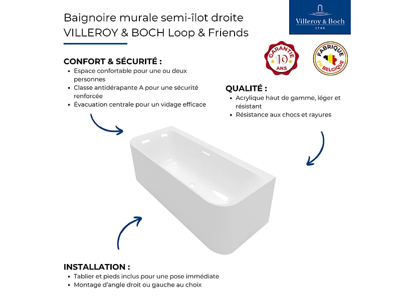 Baignoire murale semi-îlot VILLEROY & BOCH Loop & Friends avec bonde et trop-plein blanc