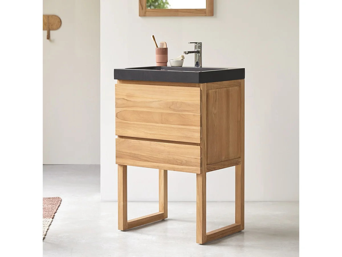 Badezimmerschrank Edgar aus massivem Teakholz und Premium-Terrazzo Moon 60 cm