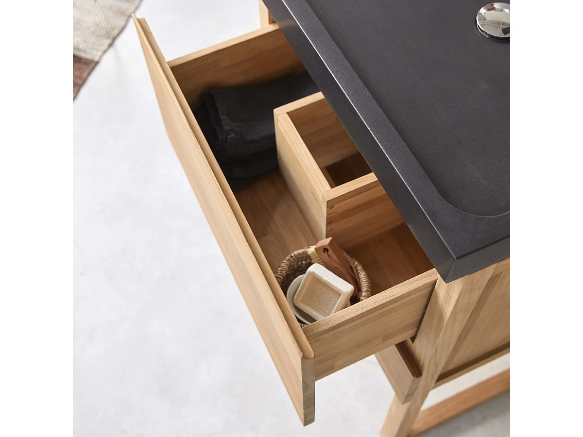 Badezimmerschrank Edgar aus massivem Teakholz und Premium-Terrazzo Moon 60 cm