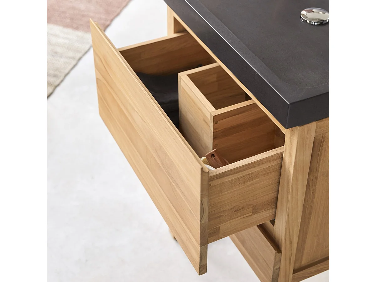 Badezimmerschrank Edgar aus massivem Teakholz und Premium-Terrazzo Moon 60 cm