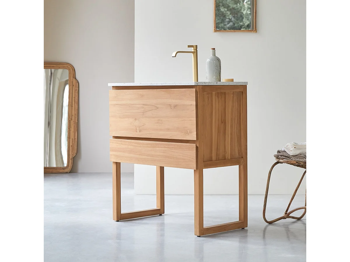 Badezimmermöbel Edgar aus massivem Teakholz und Premium-Terrazzo im Farbton Moon 80 cm