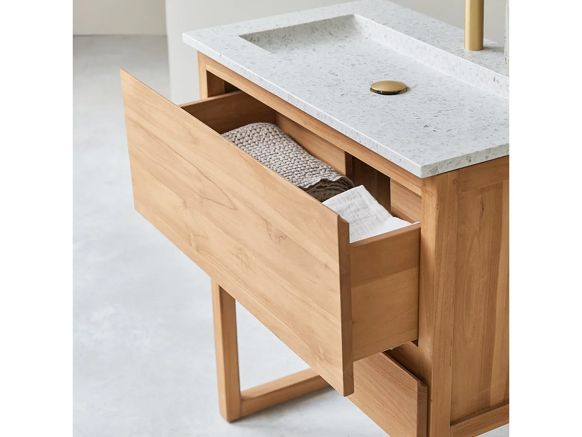 Badezimmermöbel Edgar aus massivem Teakholz und Premium-Terrazzo im Farbton Moon 80 cm