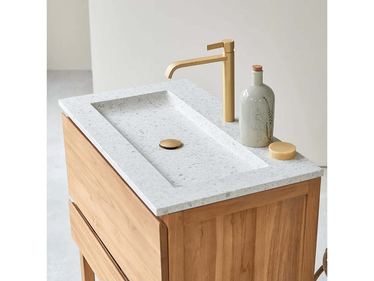 Badezimmermöbel Edgar aus massivem Teakholz und Premium-Terrazzo im Farbton Moon 80 cm