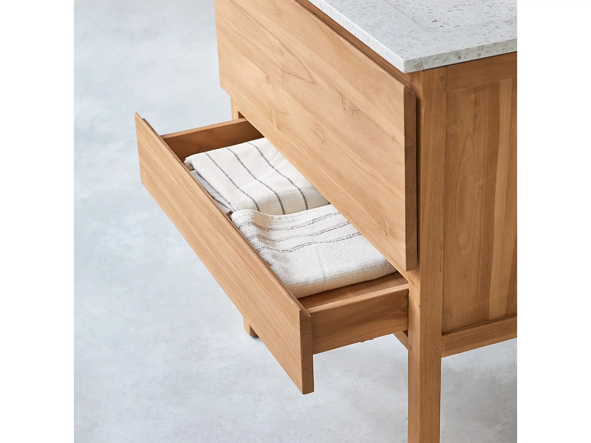 Badezimmermöbel Edgar aus massivem Teakholz und Premium-Terrazzo im Farbton Moon 80 cm