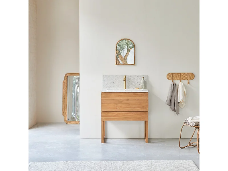 Badezimmermöbel Edgar aus massivem Teakholz und Premium-Terrazzo im Farbton Moon 80 cm