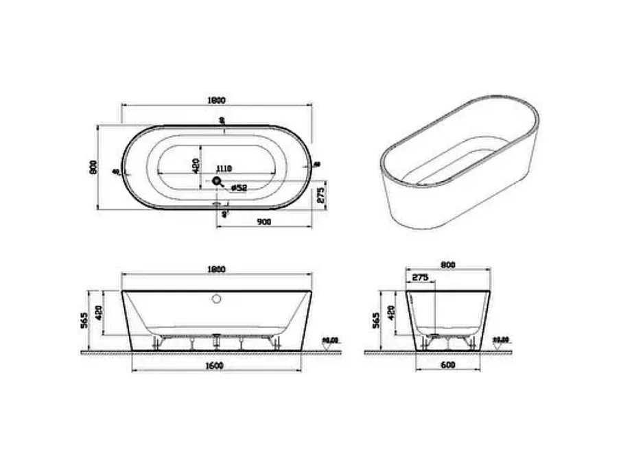 Baignoire îlot murale VITRA Geo 180x80 + pieds + siphon standard