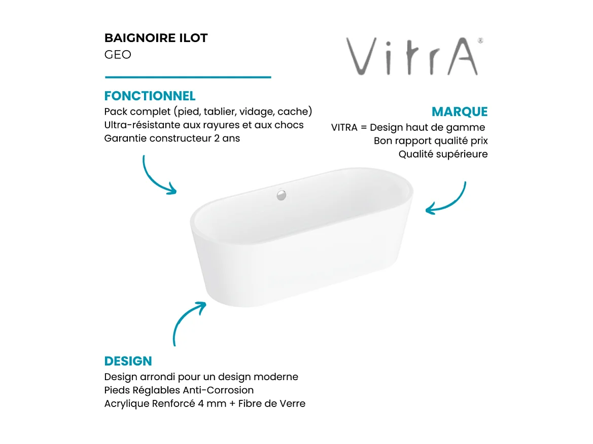 Baignoire îlot murale VITRA Geo 180x80 + pieds + siphon standard