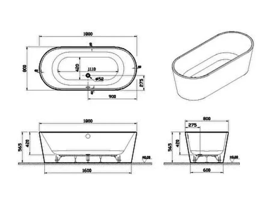 Baignoire îlot murale VITRA Geo 180x80 + pieds + siphon standard