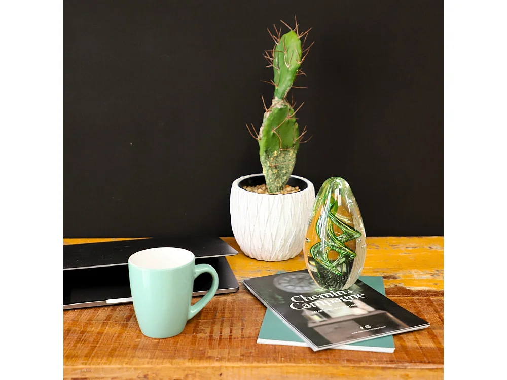 Presse papier sulfure "Spirales" en verre vert 14 x 8.5 cm