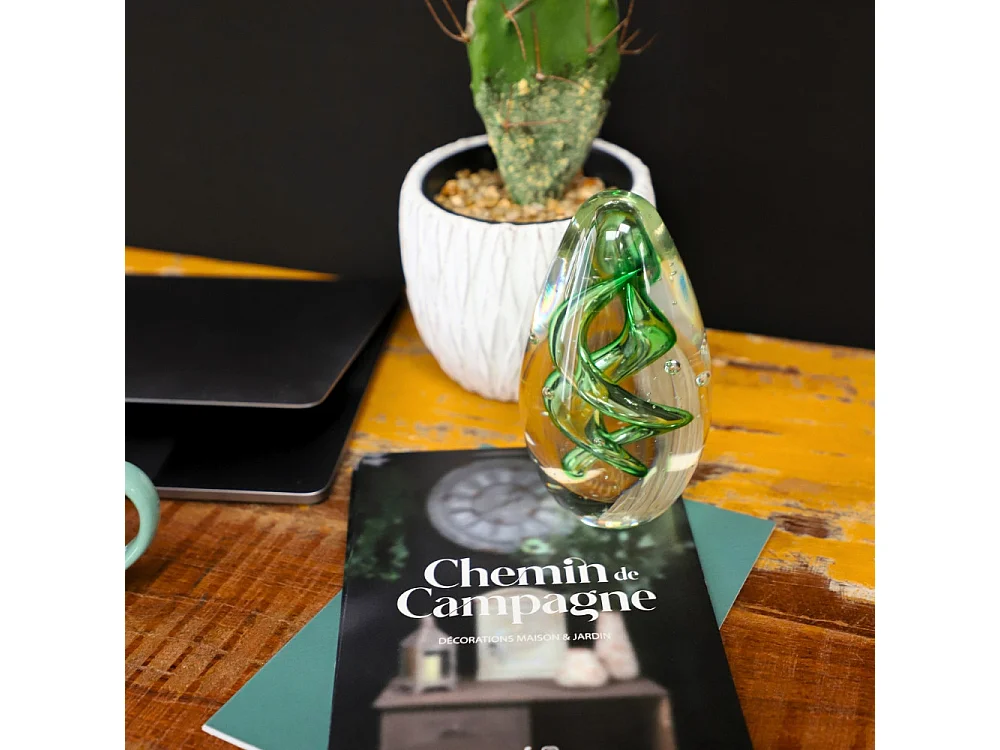 Presse papier sulfure "Spirales" en verre vert 14 x 8.5 cm