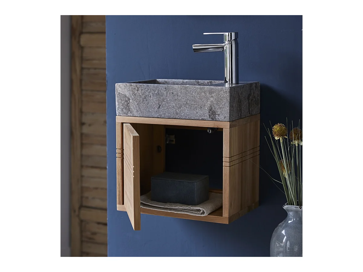 Badunterschrank aus Teakholz und Waschbecken aus grauem Marmor Basic grey