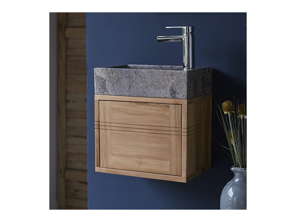 Badunterschrank aus Teakholz und Waschbecken aus grauem Marmor Basic grey