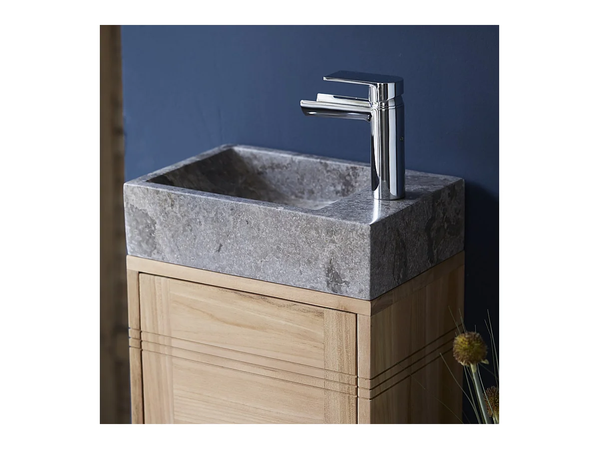 Badunterschrank aus Teakholz und Waschbecken aus grauem Marmor Basic grey