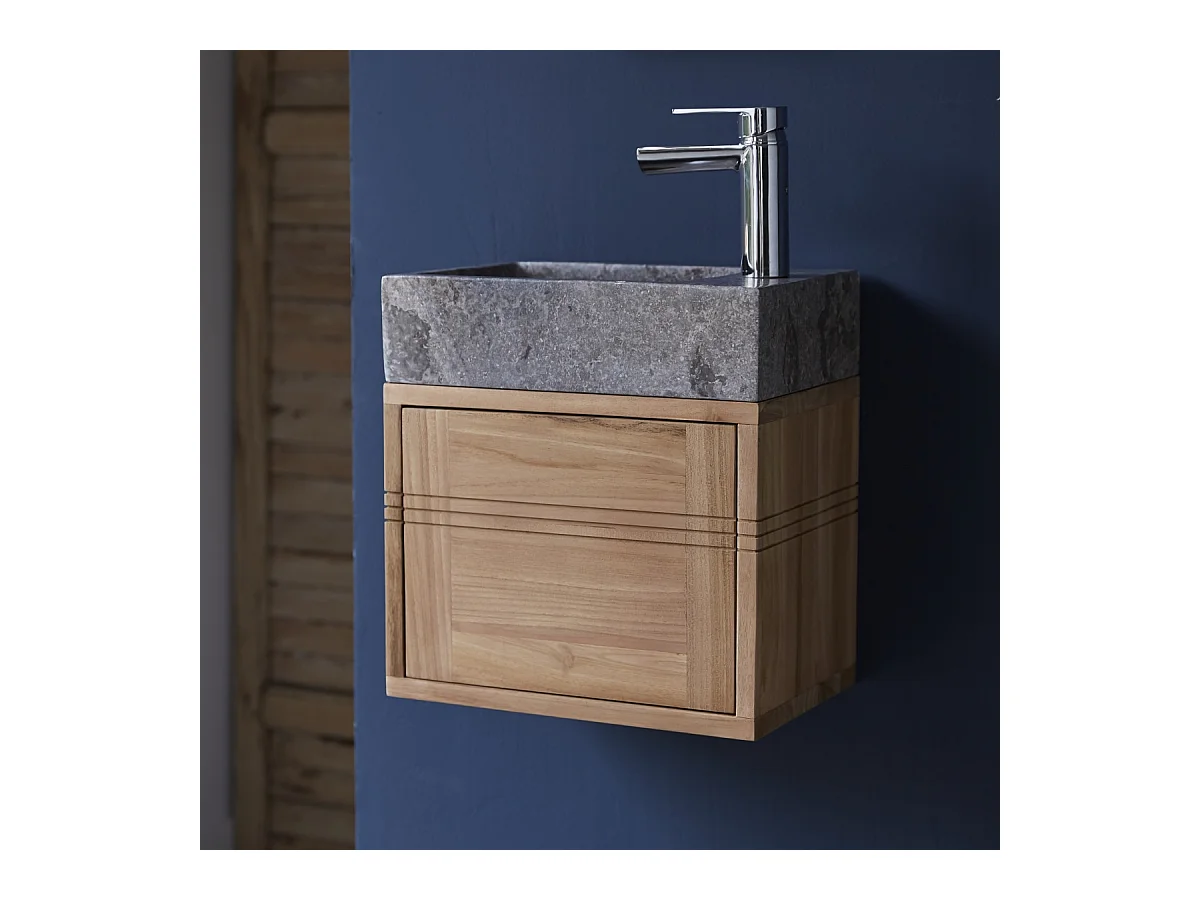 Badunterschrank aus Teakholz und Waschbecken aus grauem Marmor Basic grey
