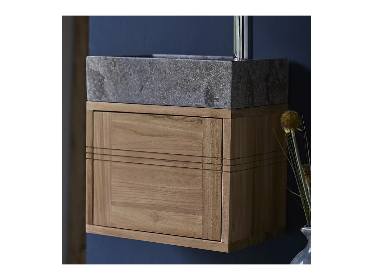 Badunterschrank aus Teakholz und Waschbecken aus grauem Marmor Basic grey