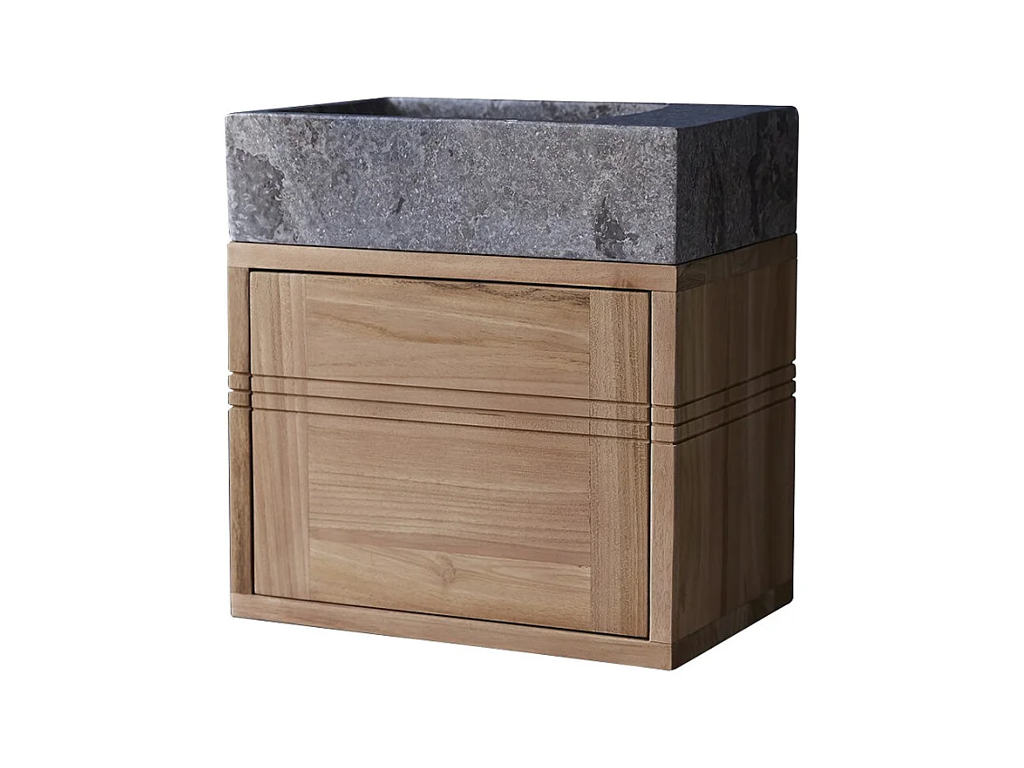 Badunterschrank aus Teakholz und Waschbecken aus grauem Marmor Basic grey