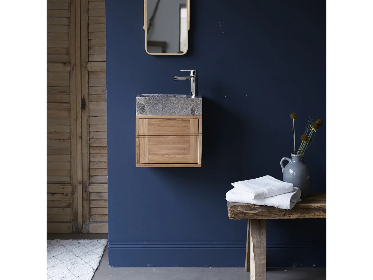 Badunterschrank aus Teakholz und Waschbecken aus grauem Marmor Basic grey