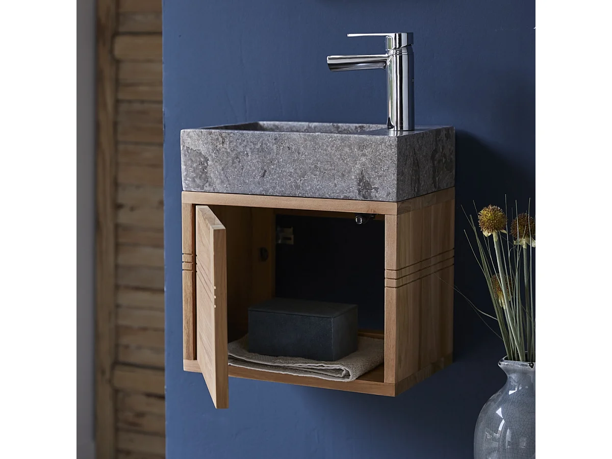 Badunterschrank aus Teakholz und Waschbecken aus grauem Marmor Basic grey