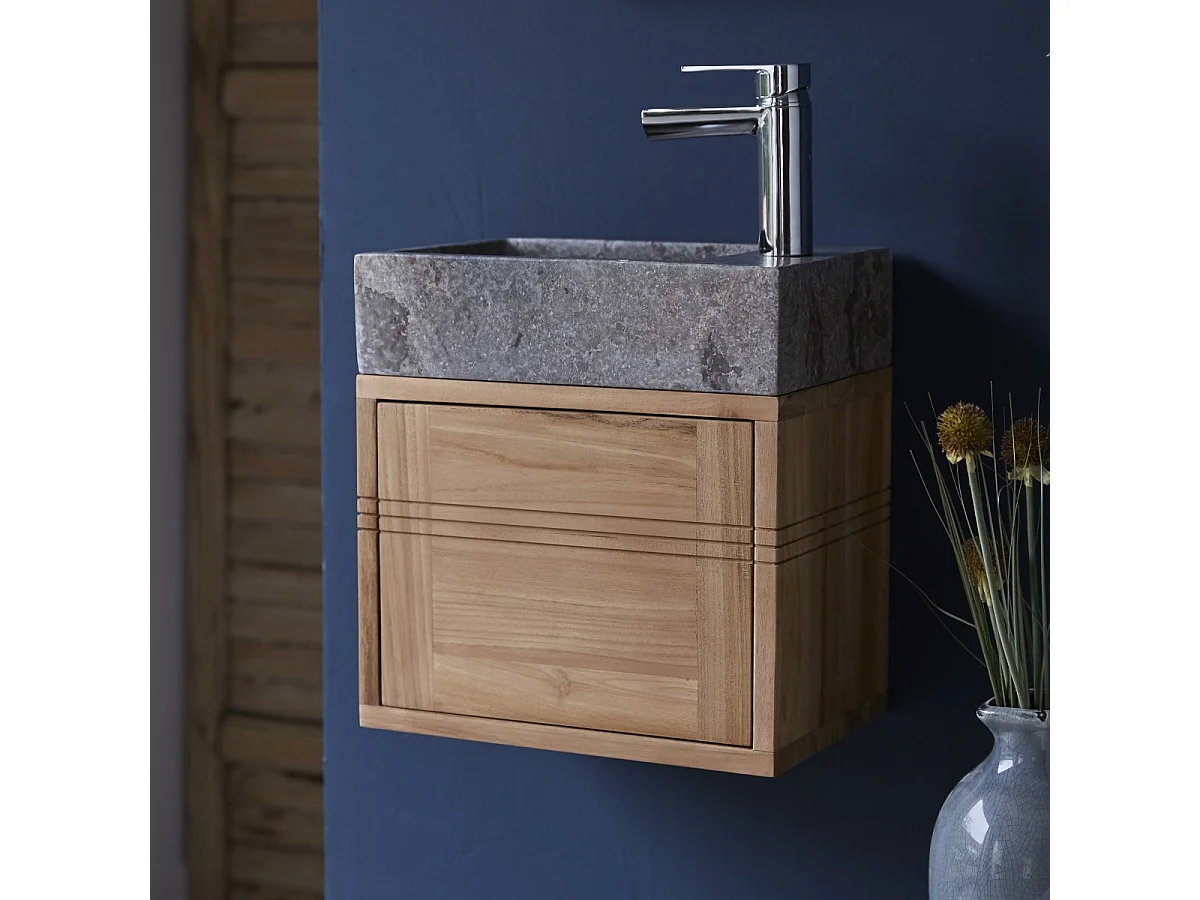 Badunterschrank aus Teakholz und Waschbecken aus grauem Marmor Basic grey