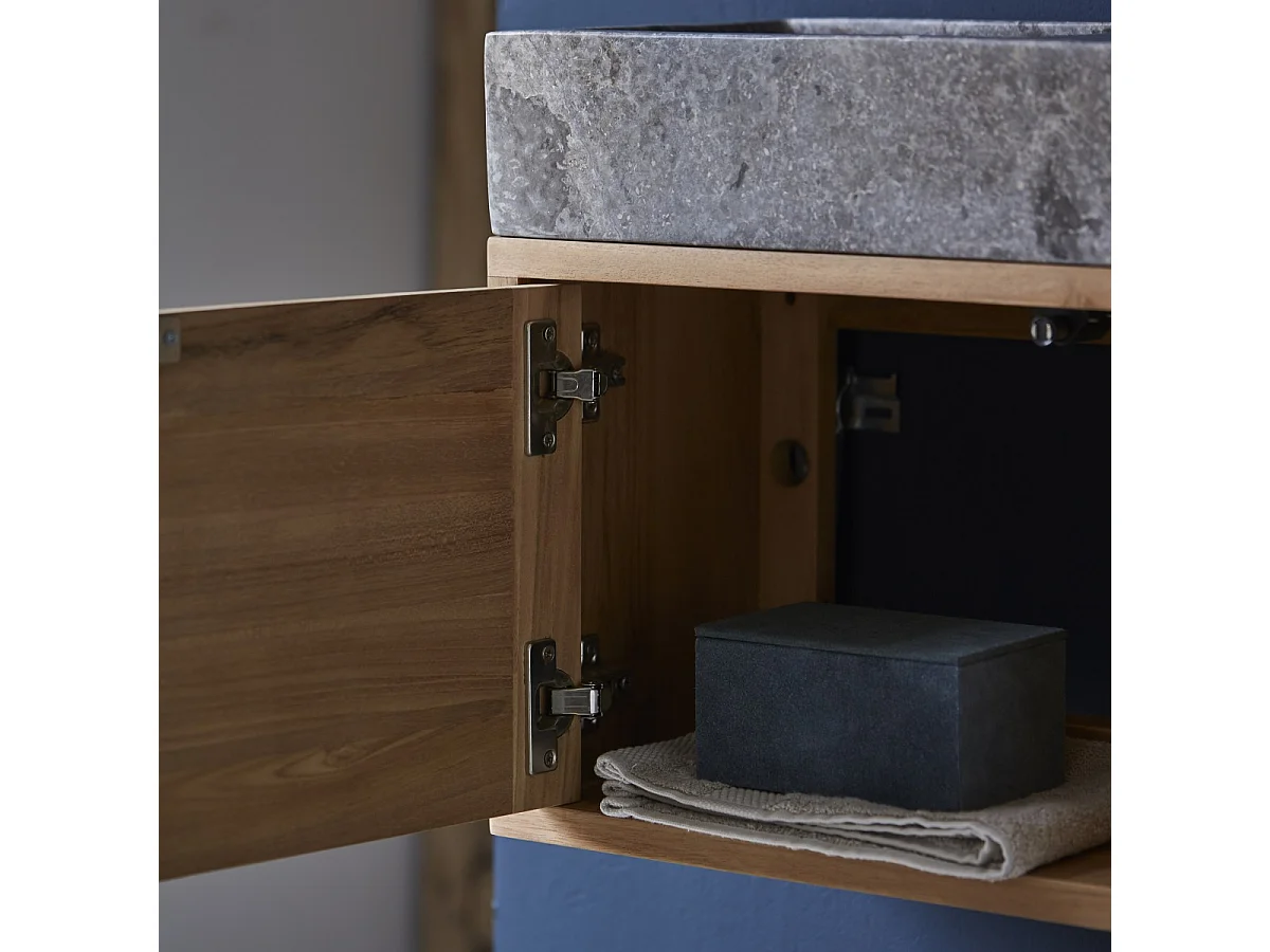 Badunterschrank aus Teakholz und Waschbecken aus grauem Marmor Basic grey