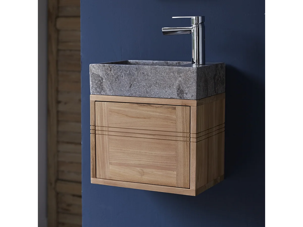 Badunterschrank aus Teakholz und Waschbecken aus grauem Marmor Basic grey
