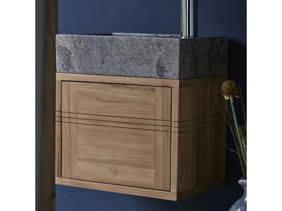 Badunterschrank aus Teakholz und Waschbecken aus grauem Marmor Basic grey