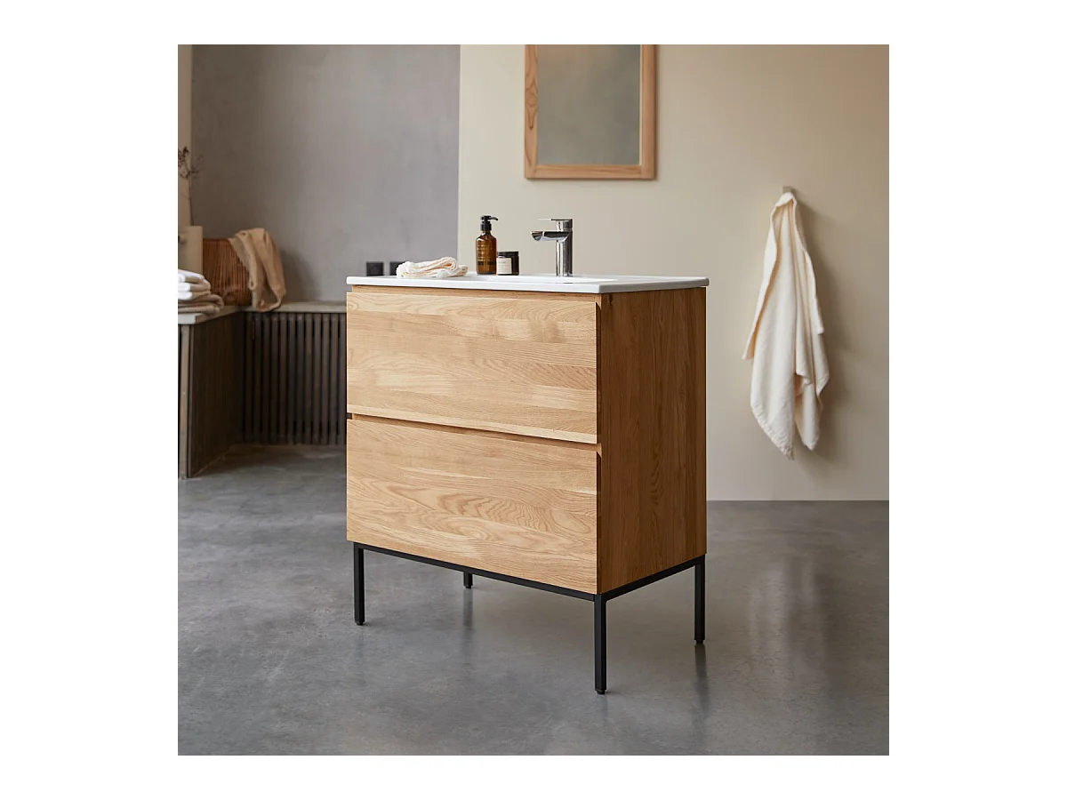 Waschtischkombination Nova aus massivem Eichenholz und Keramik 80 cm