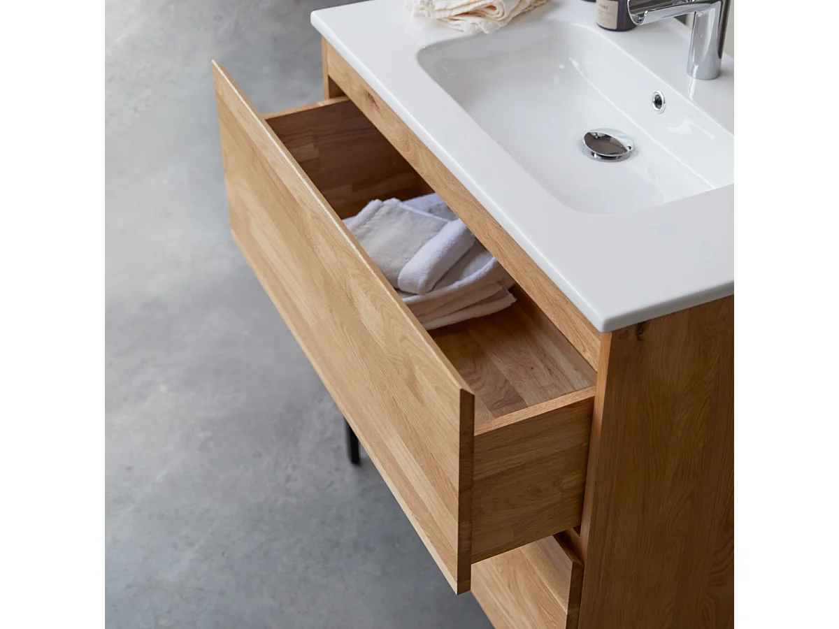 Waschtischkombination Nova aus massivem Eichenholz und Keramik 80 cm