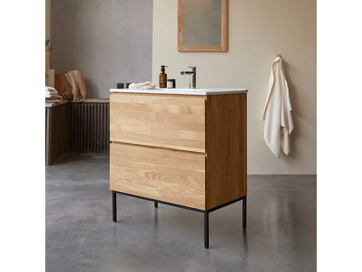 Waschtischkombination Nova aus massivem Eichenholz und Keramik 80 cm