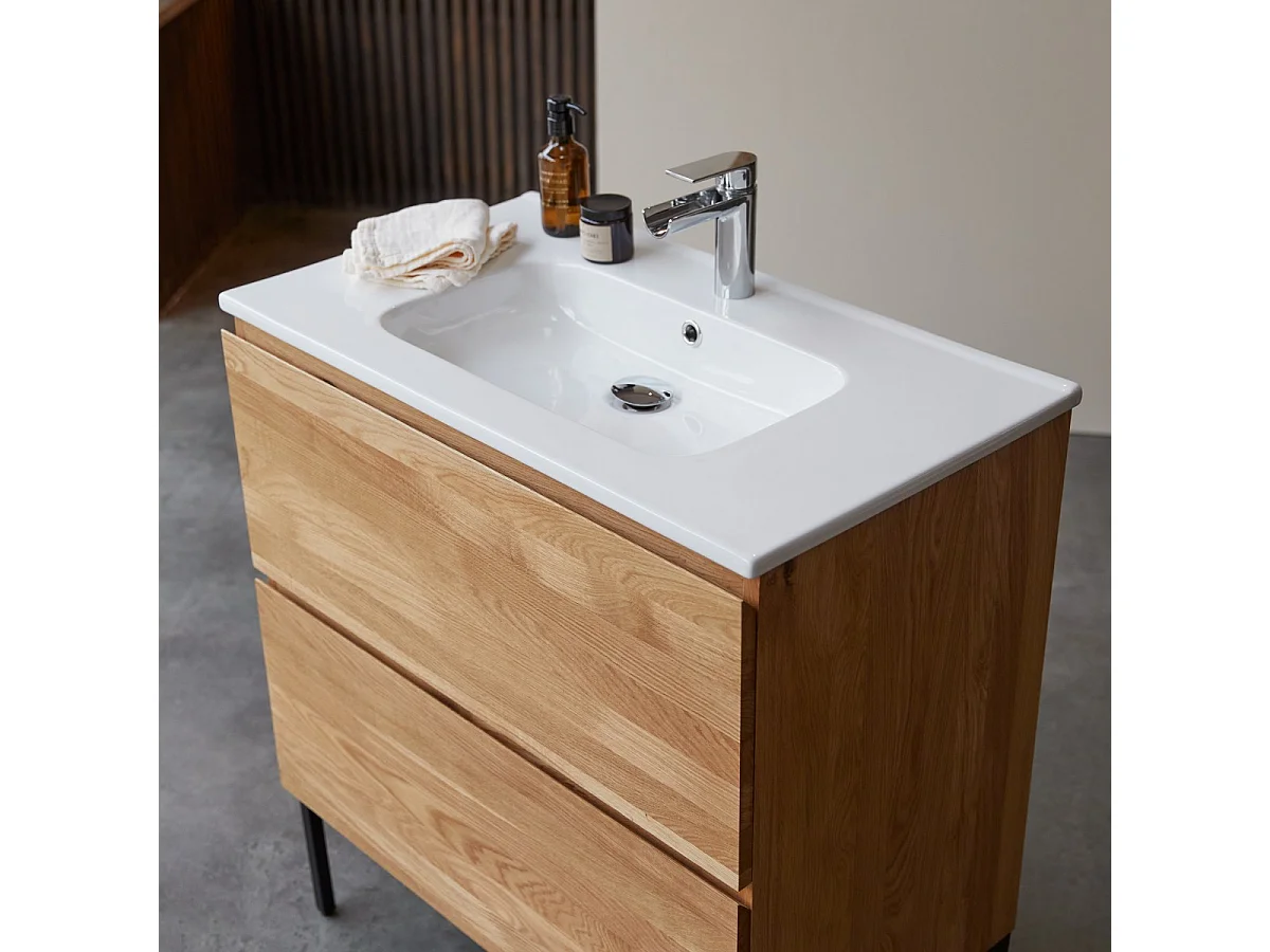 Waschtischkombination Nova aus massivem Eichenholz und Keramik 80 cm