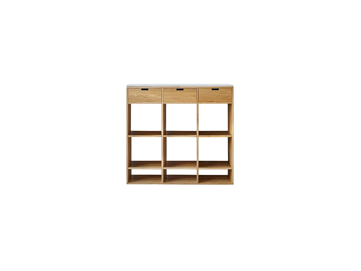 Miho - Low bookcase in solid oak and premium white terrazzo