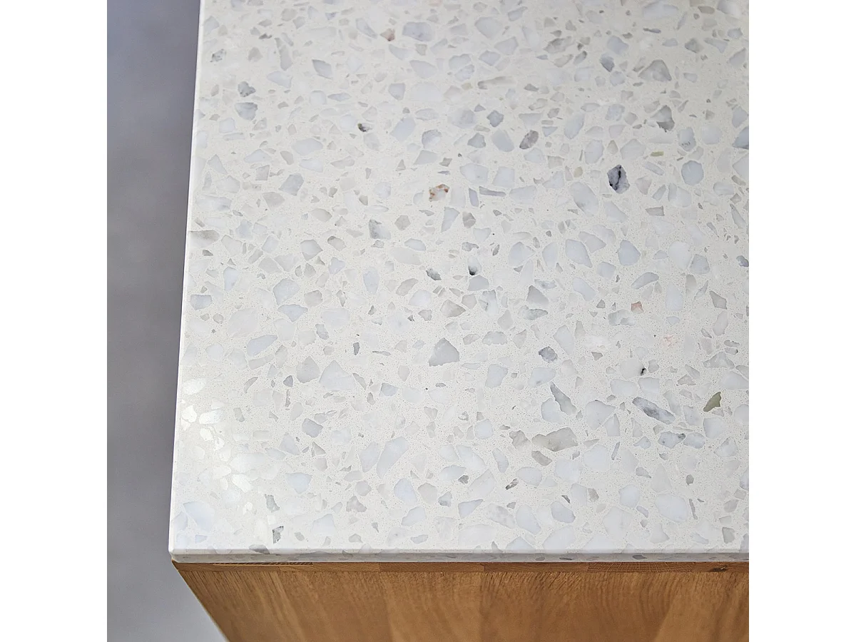 Miho - Low bookcase in solid oak and premium white terrazzo