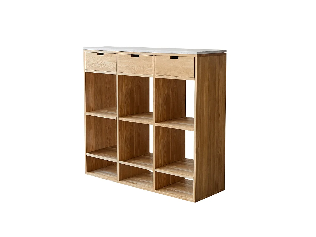 Miho - Low bookcase in solid oak and premium white terrazzo