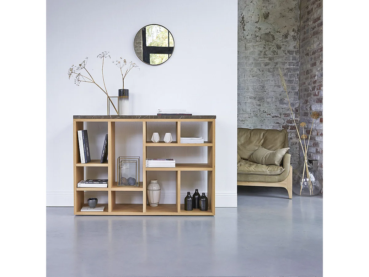 Bücherregal aus Eichenholz und dunkler Marmorplatte Eyota 131x93