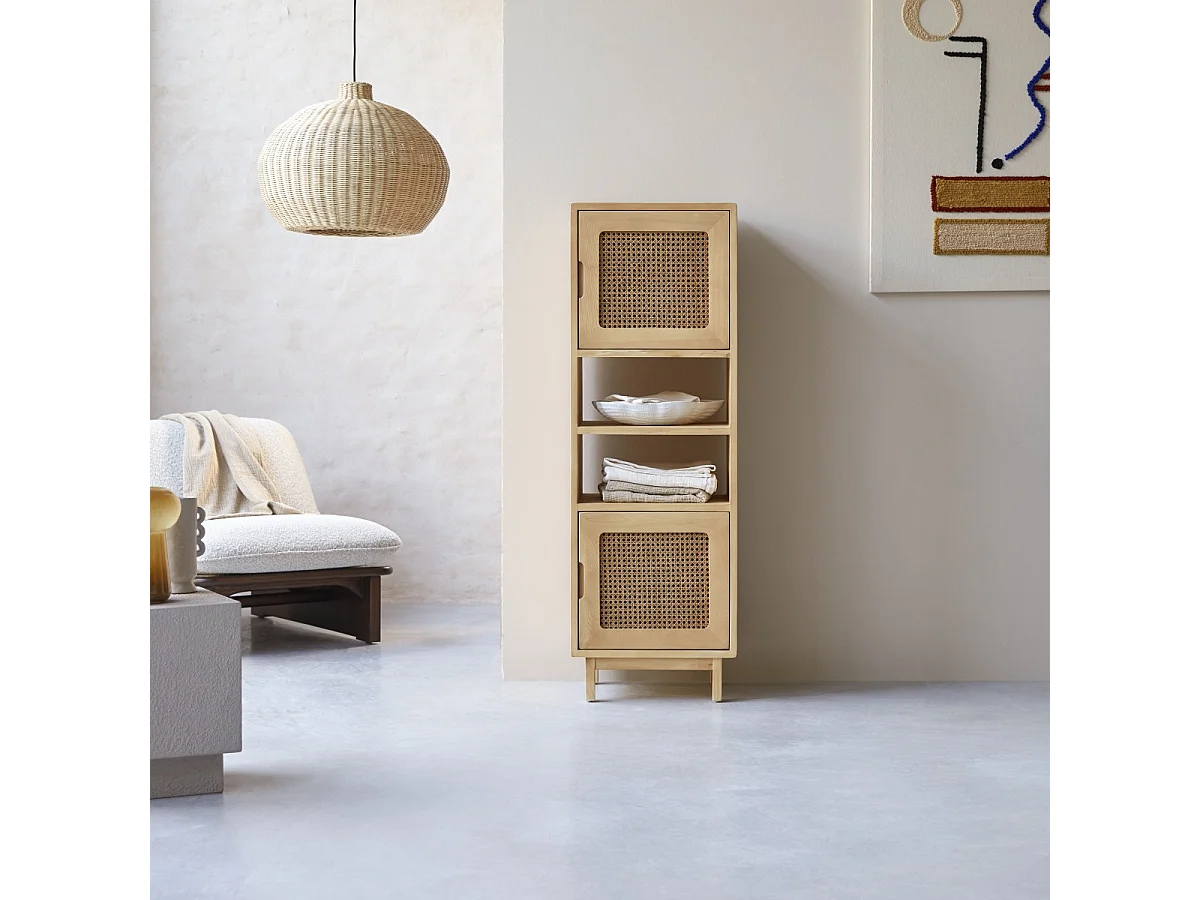 Hoher Bücherschrank Luis aus Ulmenholz und Rattangeflecht