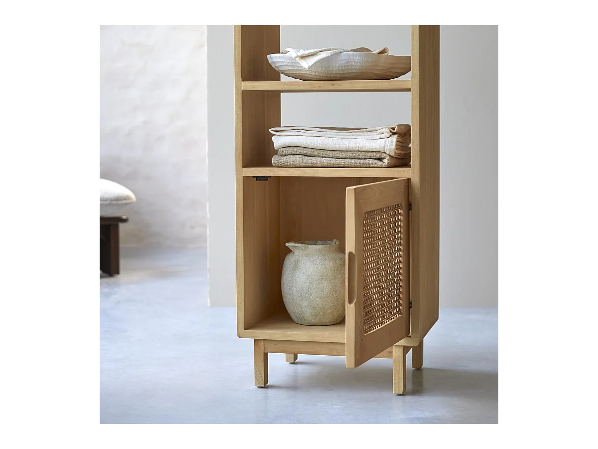 Hoher Bücherschrank Luis aus Ulmenholz und Rattangeflecht