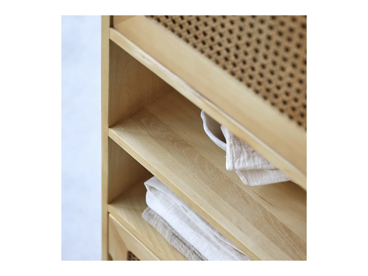 Hoher Bücherschrank Luis aus Ulmenholz und Rattangeflecht