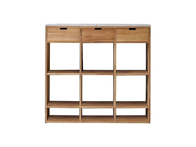 Niedriges Bücherregal Miho aus massivem Teakholz mit Premium-Terrazzo White