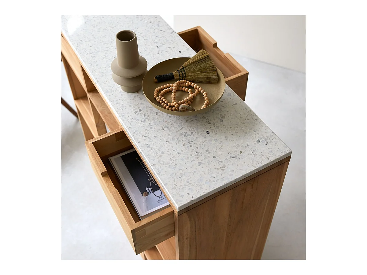 Niedriges Bücherregal Miho aus massivem Teakholz mit Premium-Terrazzo White