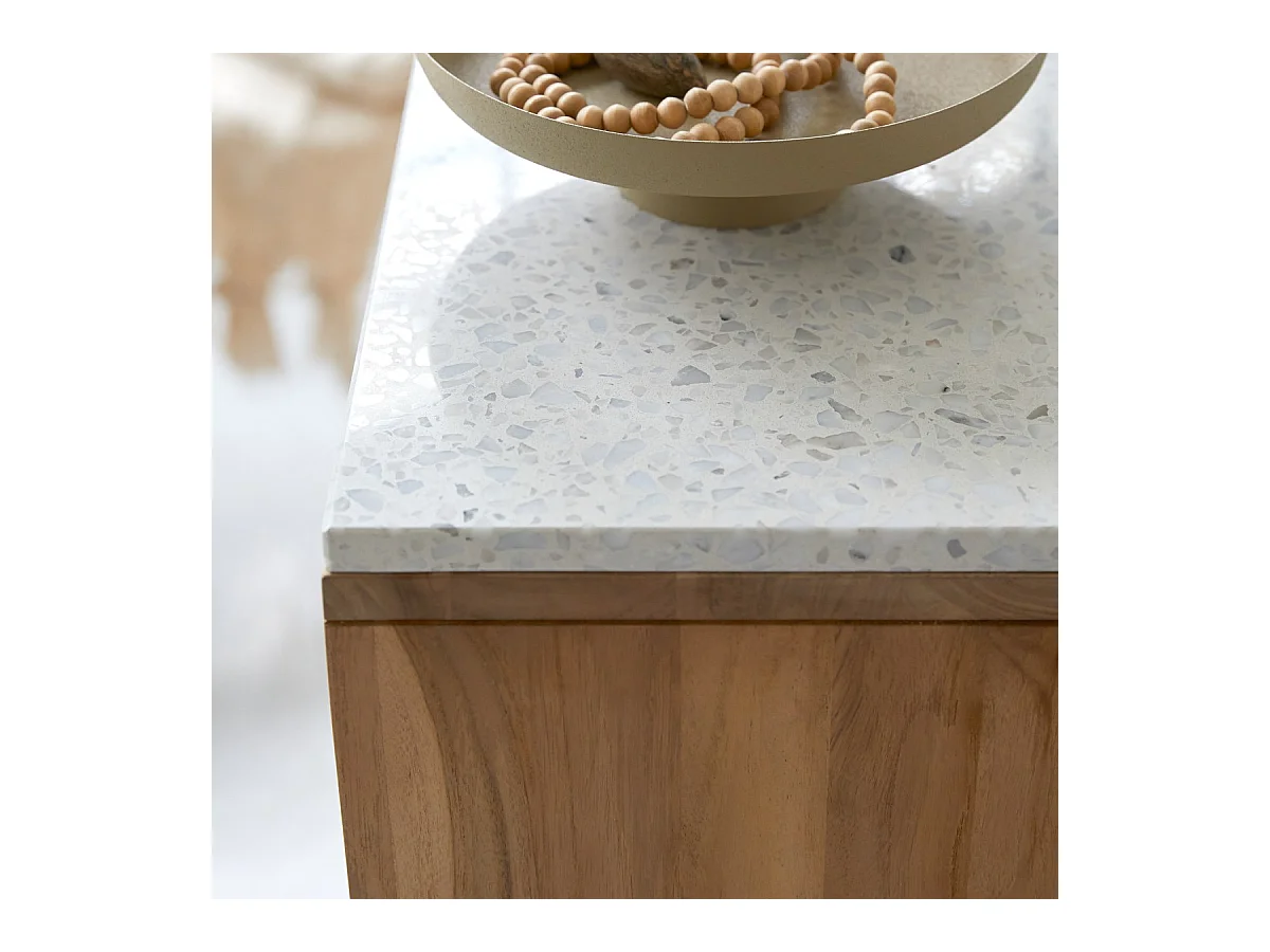 Niedriges Bücherregal Miho aus massivem Teakholz mit Premium-Terrazzo White