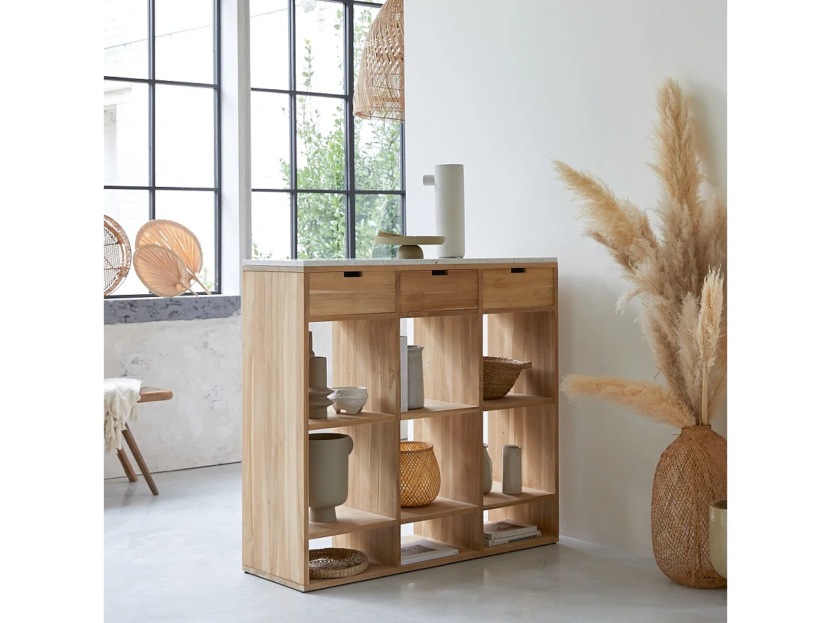 Niedriges Bücherregal Miho aus massivem Teakholz mit Premium-Terrazzo White