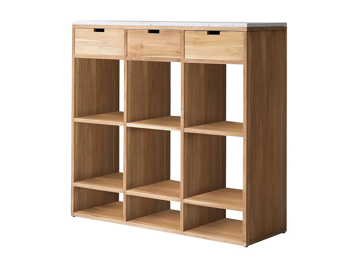 Niedriges Bücherregal Miho aus massivem Teakholz mit Premium-Terrazzo White